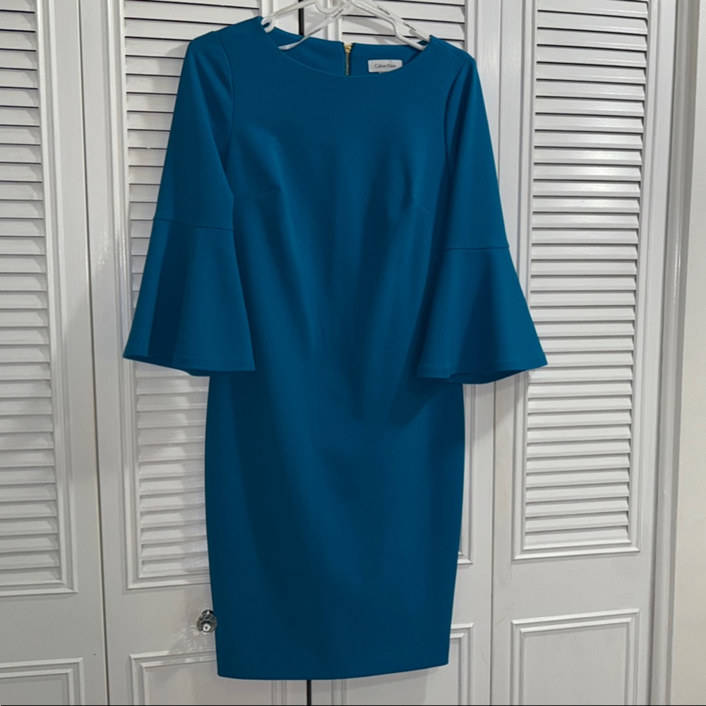 Calvin Klein Blue Sheath Dress with Bell Sleeves